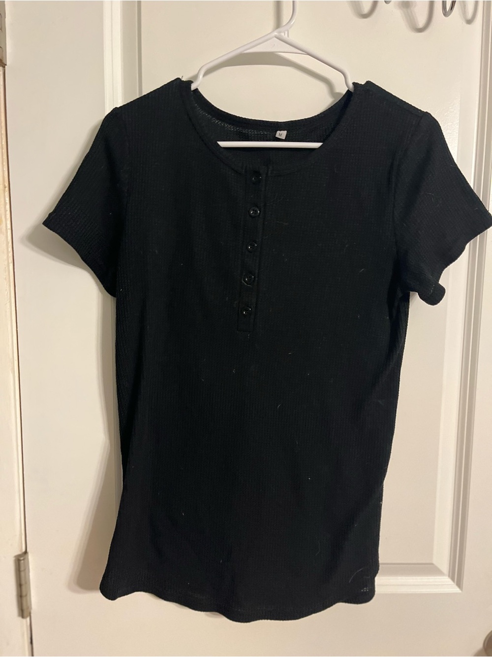 Black Short-Sleeve Henley Ribbed Top